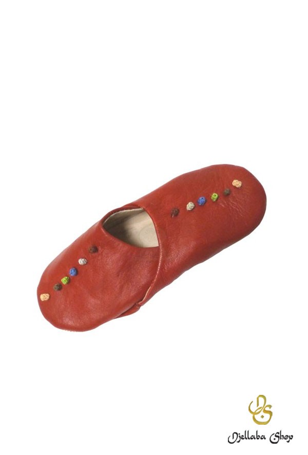 Babouches enfant cuir rouge semelle cuir avec boules de couleurs